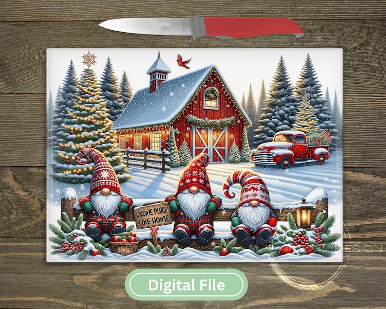 Christmas sublimation cutting board PNG featuring three festive gnomes, a red barn, and vintage truck in a snowy winter scene. Perfect for farmhouse holiday decor or kitchen gifts.