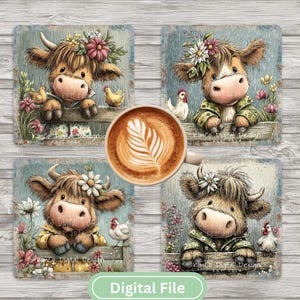 Peut inclure: Quatre dessous de verre carrés avec une illustration à l'aquarelle d'une vache des Highlands portant une couronne de fleurs et une veste, avec une poule et des fleurs. Une tasse de café avec du latte art est au centre. Le texte "Digital File" est en bas.