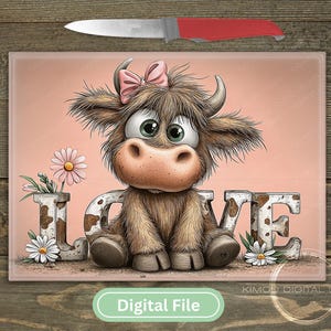 May include: A rectangular glass chopping board featuring a cartoon Highland cow with a pink bow, sitting in front of the word LOVE with cow-print lettering. The design includes daisies on a soft pink background, accompanied by a knife with a red handle.