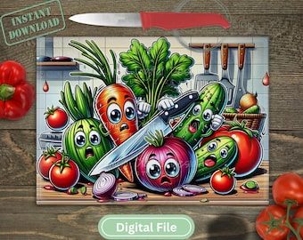 May include: A rectangular glass cutting board featuring a cartoon illustration of anthropomorphic vegetables including a carrot, red onion, and cucumbers with wide eyes, all positioned under a large kitchen knife on a wooden surface.