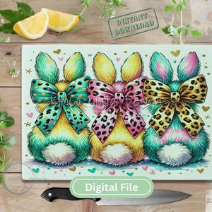 "Bright leopard print bunny butts sublimation PNG with colorful bows, perfect for Easter cutting boards, kitchen decor, and spring sublimation projects."