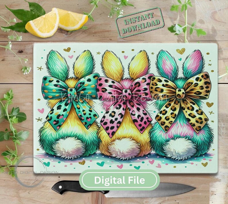 "Bright leopard print bunny butts sublimation PNG with colorful bows, perfect for Easter cutting boards, kitchen decor, and spring sublimation projects."