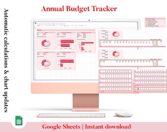 Annual Budget Spreadsheet | Personal Finance Tracker | Budget Debt Savings Template | Financial Planner | Google Sheets Budget | Pink