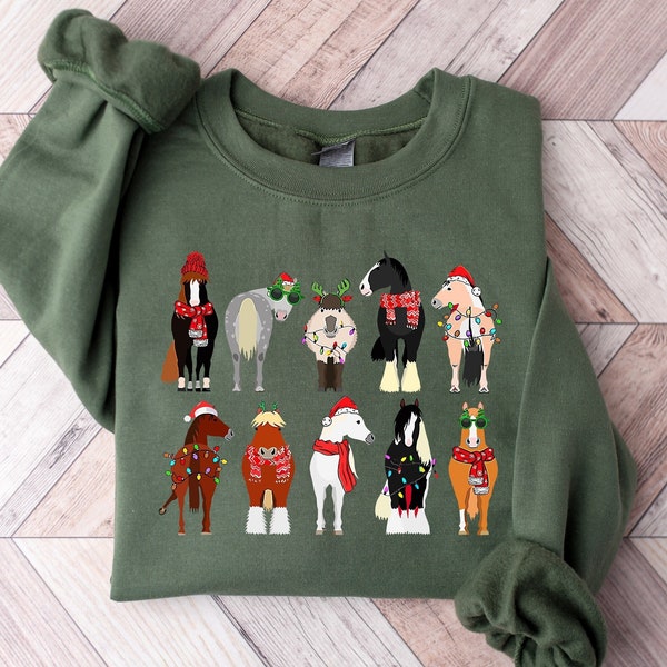 Horse Lover Animal Christmas Shirt, Christmas Farm Animals T-Shirt, Funny Horse Christmas Hoodie,Horses In A Row Tee,Xmas Gift for Horse Mom