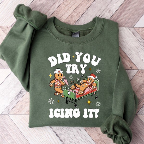 Try Icing It Funny Christmas Sweater, Gingerbread Humor Sweatshirt, PT Physical Therapist Athletic Trainer Xmas Crewneck, Ugly Sweater Party