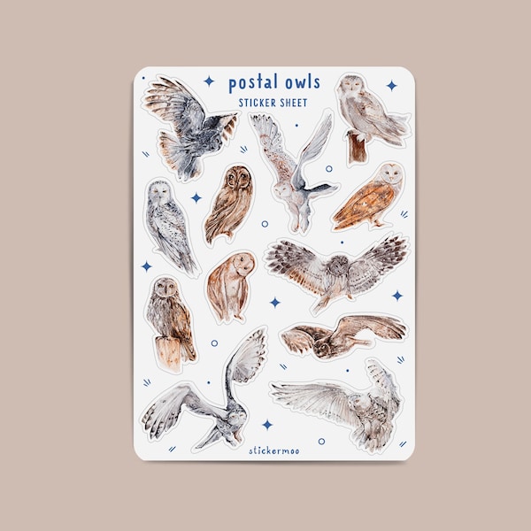 Postal Owls Sticker Sheet | Planner, Bullet Journal, Scrapbook | Watercolour | Barn, Snowy, Bird, Magic | HP