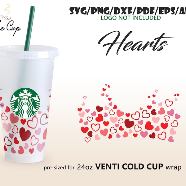 Hearts • 24oz Venti Cold Cup full wrap design for Starbucks Cup Svg Eps Dxf Pdf Ai Png Cricut Silhouette Cut file Digital Download