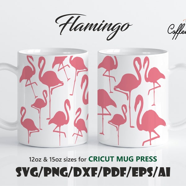 Flamant rose • Cricut Mug Press 12 oz & 15 oz modèle Svg Eps Dxf Ai Pdf Png fichiers à téléchargement numérique pour Cricut, Silhouette Flamingo Mug amour SVG