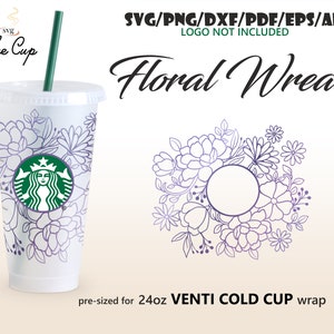 Wieniec kwiatowy • 24oz Venti Cold Cup pełny projekt owinięcia dla Starbucks Cup Svg Eps Dxf Pdf Ai Png Cricut Silhouette Cut plik Digital Download