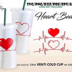 Heart Beat • 24oz Venti Cold Cup volledige wrap geen gat ontwerp voor Starbucks Cup Svg Eps Dxf Pdf Ai Png Cricut silhouet digitaal bestand downloaden