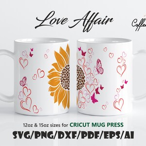 Love Affair • Cricut Mug Press 12oz i 15oz Szablon Svg Eps Dxf Ai Pdf Png Pliki do pobrania cyfrowego dla Cricut, Silhouette Valentine Mug Love