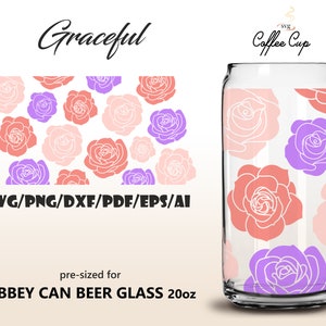 Gracieux • 20oz Libbey Glass Can Wrap Svg Eps Dxf Ai Pdf Png Fichiers de téléchargement numérique pour Cricut, Silhouette Valentine Cup Love roses SVG