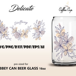 Delikatny • 16oz Libbey Glass Can Wrap Svg Eps Dxf Ai Pdf Png Pliki do pobrania cyfrowego dla Cricut, Silhouette Valentine Cup Love Floral SVG