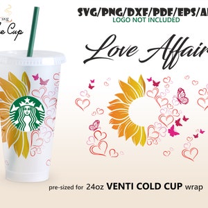 Love Affair • 24oz Venti Cold Cup pełny projekt opakowania na kubek Starbucks Svg Eps Dxf Pdf Ai Png Cricut Silhouette Cut plik do pobrania cyfrowego