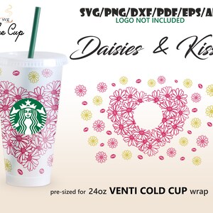 Madeliefjes & Kisses • 24oz Venti Cold Cup volledige wrap ontwerp voor Starbucks Cup Svg Eps Dxf Pdf Ai Png Cricut Silhouette Cut bestand Digitale Download