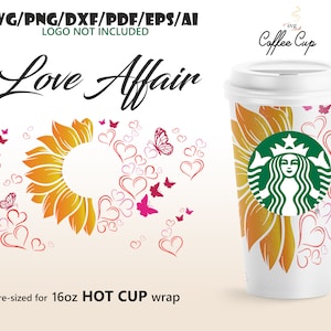 Love Affair • 16oz Hot Cup pełny projekt opakowania dla Starbucks Cup Svg Eps Dxf Pdf Ai Png Cricut Silhouette Plik do cięcia Cyfrowe pobieranie Valentine