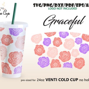 Gracieux • 24 oz Venti Cold Cup enveloppant sans trou pour fichier Starbucks Cup Svg Eps Dxf Pdf Ai Png Cricut Silhouette coupe téléchargement numérique