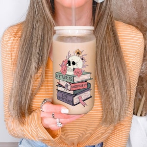 Bookish Frosted Glass Cup: TBR Design, Bamboo Lid (16 oz)