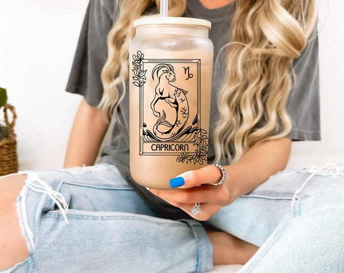 The Capricorn Tarot Card Frosted Beer Glass With Bamboo Lid / Zodiac Beer Glass / Capricorn Coffee Cup / Tarot Card Gift