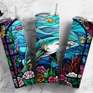 Stained Glass Shark Insulated Tumbler with Metal Straw