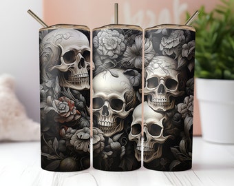 May include: Three stainless steel tumblers with a black and white design featuring skulls and flowers. The tumblers have a straw hole and a lid.