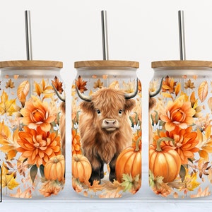 Fall Floral Highland Cow Frosted Beer Glass with Bamboo Lid / Highland Cow Gift / Highland Cow Coffee Cup / Highland Cow Cup