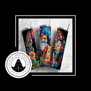 Stained Glass Fox Insulated Tumbler: 20 oz Stainless Steel Travel Mug