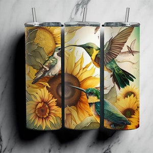 Hummingbird and Sunflower Insulated Tumbler: Stainless Steel Travel Mug
