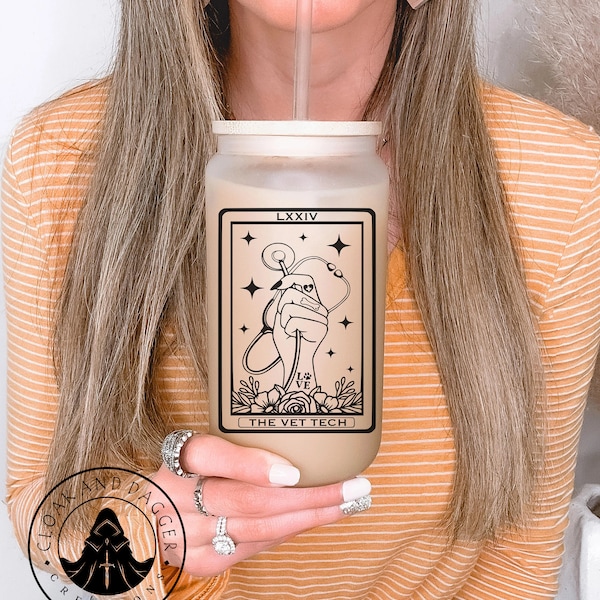 The Vet Tech Tarot Card Frosted Beer Glass with Bamboo Lid / Vet Tech Gift / Vet Tech Glass / Tarot Card Gift