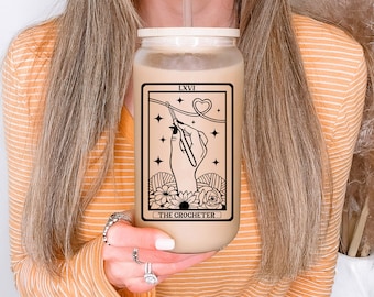 The Crocheter Tarot Card Frosted Beer Glass with Bamboo Lid / Coffee Cup / Crocheter Gift