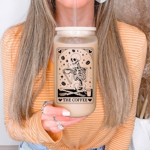 The Coffee Tarot Card Frosted Beer Glass with Bamboo Lid / Fall Pumpkin Season Coffee Cup