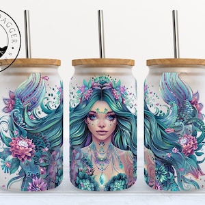 Mermaid Frosted Glass Cup with Bamboo Lid - 16 oz