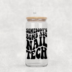 Nail Tech Beer Glass with Bamboo Lid: 16oz Reusable Cup & Straw