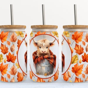 Fall Floral Highland Cow Frosted Beer Glass with Bamboo Lid / Highland Cow Gift / Highland Cow Coffee Cup / Highland Cow Cup