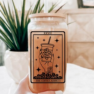 Tarot Card Iced Coffee Glass with Bamboo Lid - 16 oz Frosted Beer Cup