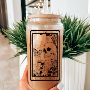 The Coffee Tarot Card Clear Beer Glass with Bamboo Lid / Fall Pumpkin Season Coffee Cup