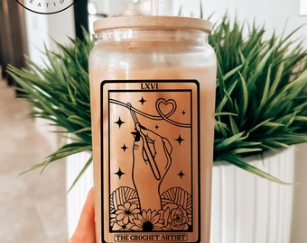 The Crochet Artist Tarot Card Clear Beer Glass with Bamboo Lid / Coffee Cup / Crocheter Gift