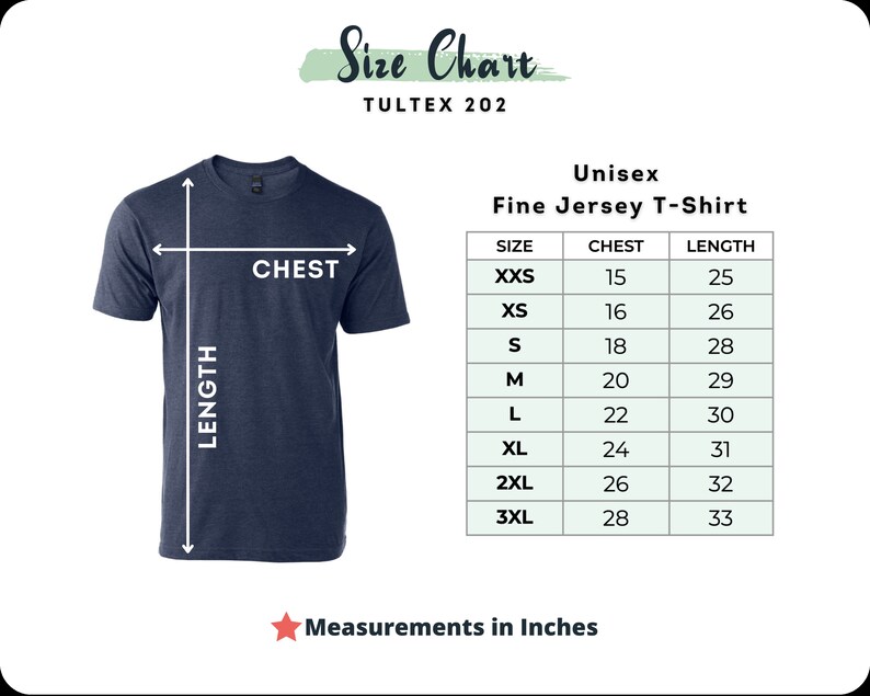 Puede incluir: Tabla de tallas para una camiseta de punto fino unisex. La tabla muestra las tallas desde la XXS hasta la 3XL con las medidas de pecho y longitud correspondientes en pulgadas.