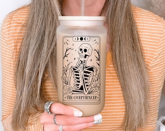 The Overthinker Tarot Card Frosted Beer Glass with Bamboo Lid / Gift for Overthinker / Coffee Cup