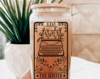 Writer Tarot Card Beer Glass with Bamboo Lid: Gift for Authors