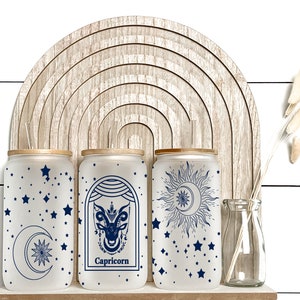 Verre à bière dépoli carte de tarot Capricorne avec couvercle en bambou / Verre à bière Zodiac / Tasse à café Capricorne / Carte de tarot cadeau