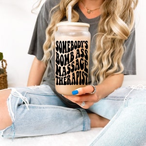 Somebody&#39;s Bomb Ass Massage Therapist Frosted Beer Glass with Bamboo Lid / Coffee Cup / Massage Therapist Gift / Gift for Massage Therapist