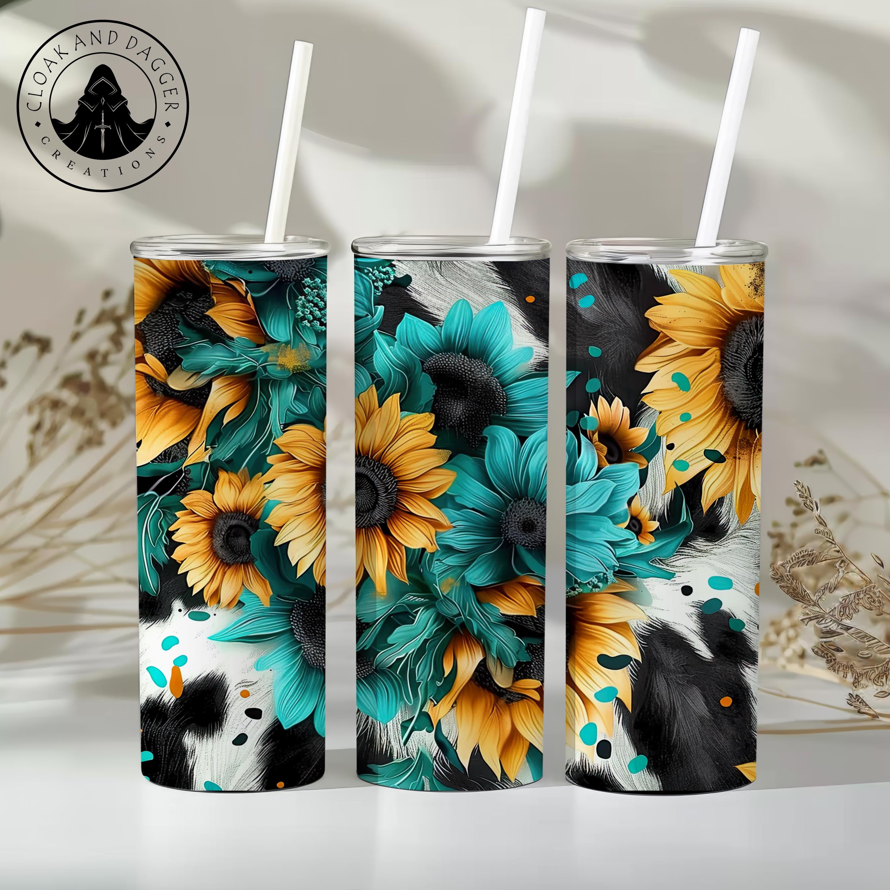 Sunflower & Cowhide Tumbler: Insulated Stainless Steel Travel Cup