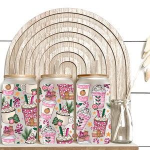 Pink Christmas Frosted Beer Glass with Bamboo Lid: Holiday Coffee Cup