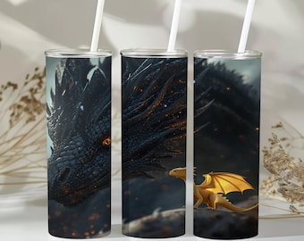 Black Dragon and Golden Dragon Insulated Tumbler: Fantasy Castle Travel Cup (20oz/30oz)