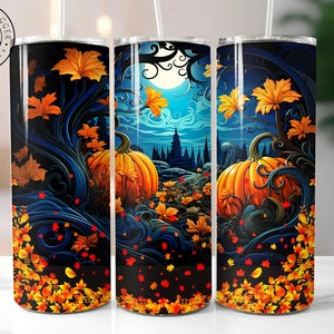 May include: Three stainless steel tumblers with a fall-themed design. The tumblers feature a dark blue background with orange, yellow, and red leaves, a full moon, and pumpkins.
