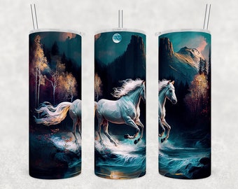 May include: A white horse runs through a dark forest with a full moon in the background. The horse is running through a stream of water. The forest is filled with trees and bushes. The image is printed on a stainless steel tumbler.