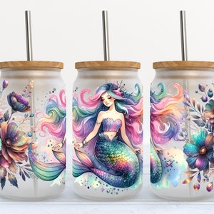 Mermaid Frosted Glass Cup with Bamboo Lid - 16 oz