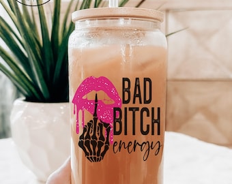 Bad Bitch Energy Beer Glass with Bamboo Lid