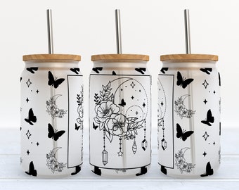 Mystical Moon Frosted Glass Cup with Bamboo Lid - Floral Design